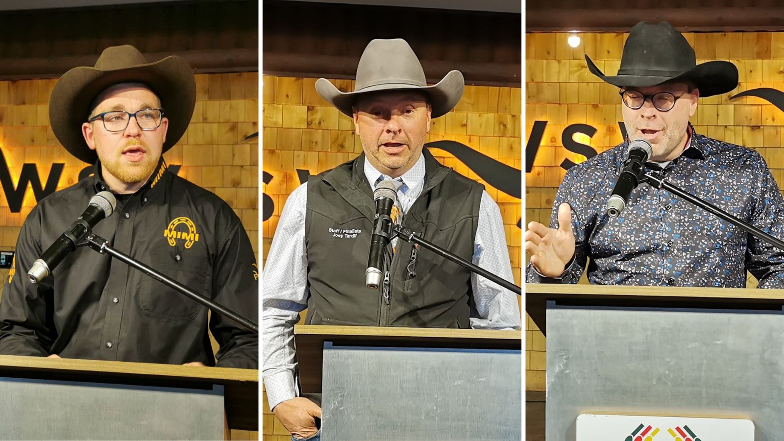 Le président des Festivités Western de Saint-Victor, Gabriel Cliche, le responsable de l'Équipe Rodéo Québec, Joey Tardif et le responsable de la Grande tire de chevaux, Michel Jolicoeur.
