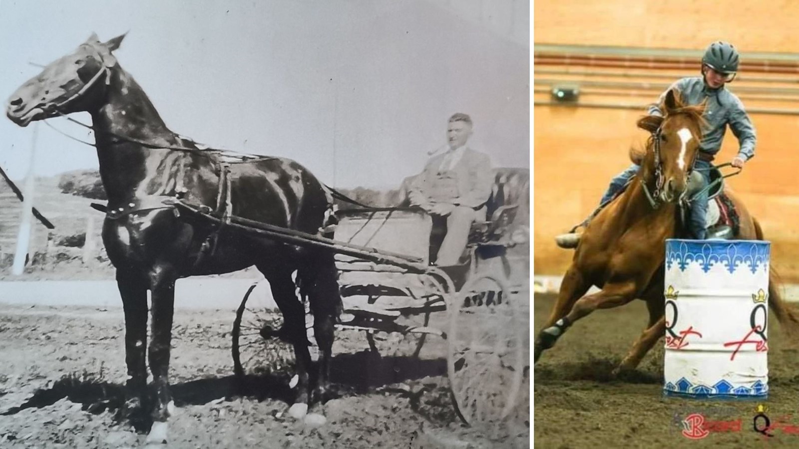 L'arrière-arrière grand-père et forgeron de métier, Rosario Bolduc; à gauche, Jordan Veilleux en compétition.