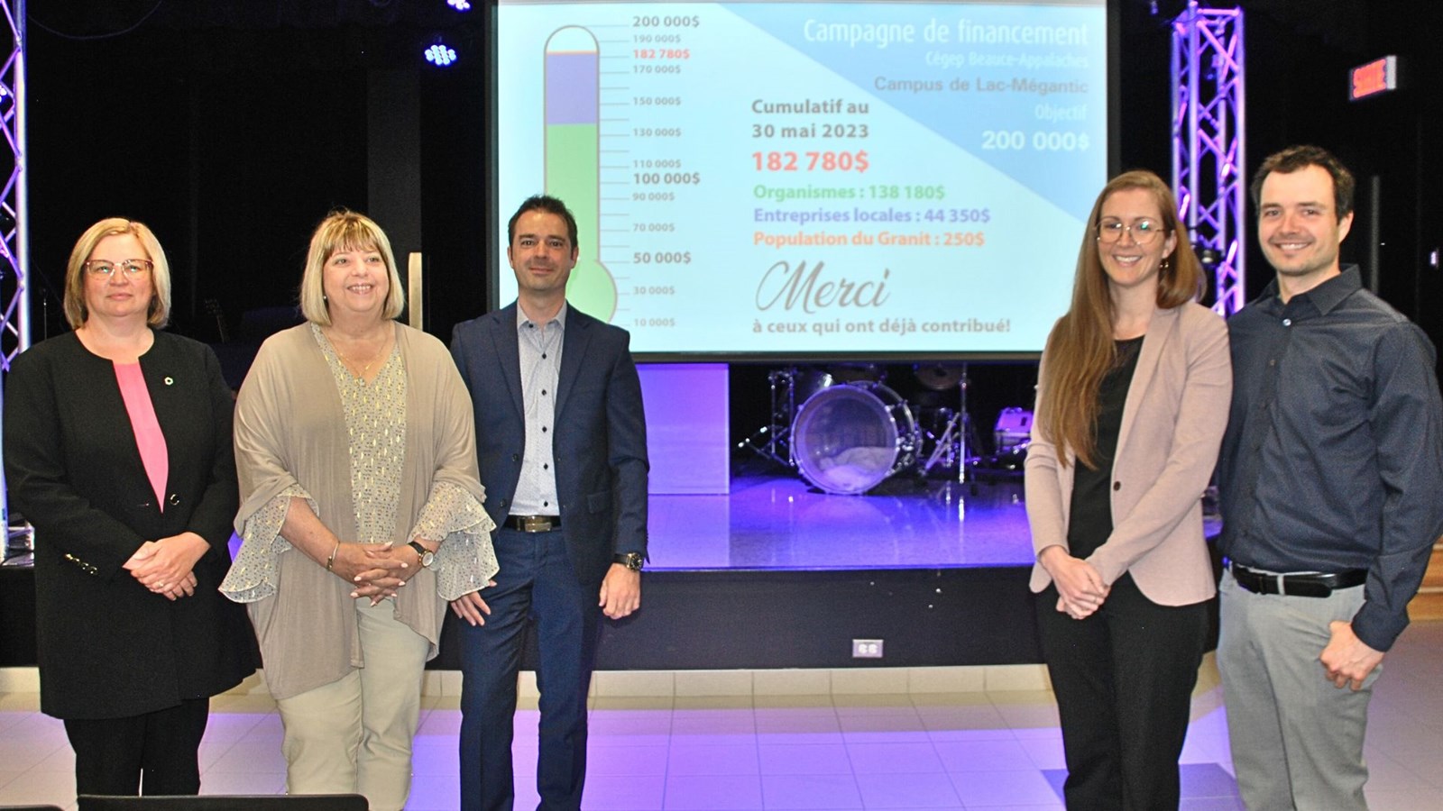 De gauche à droite, Marie-Josée Bolduc, vice-présidente de la caisse Desjardins Lac-Mégantic-Le Granit, Monique Phérivong Lenoir, préfet de la MRC du Granit, Antoine Leclerc, co-propriétaire de la pharmacie Jean Coutu, ainsi que Kathy Paré et Philippe Foley, coprésidents de la campagne de financement.