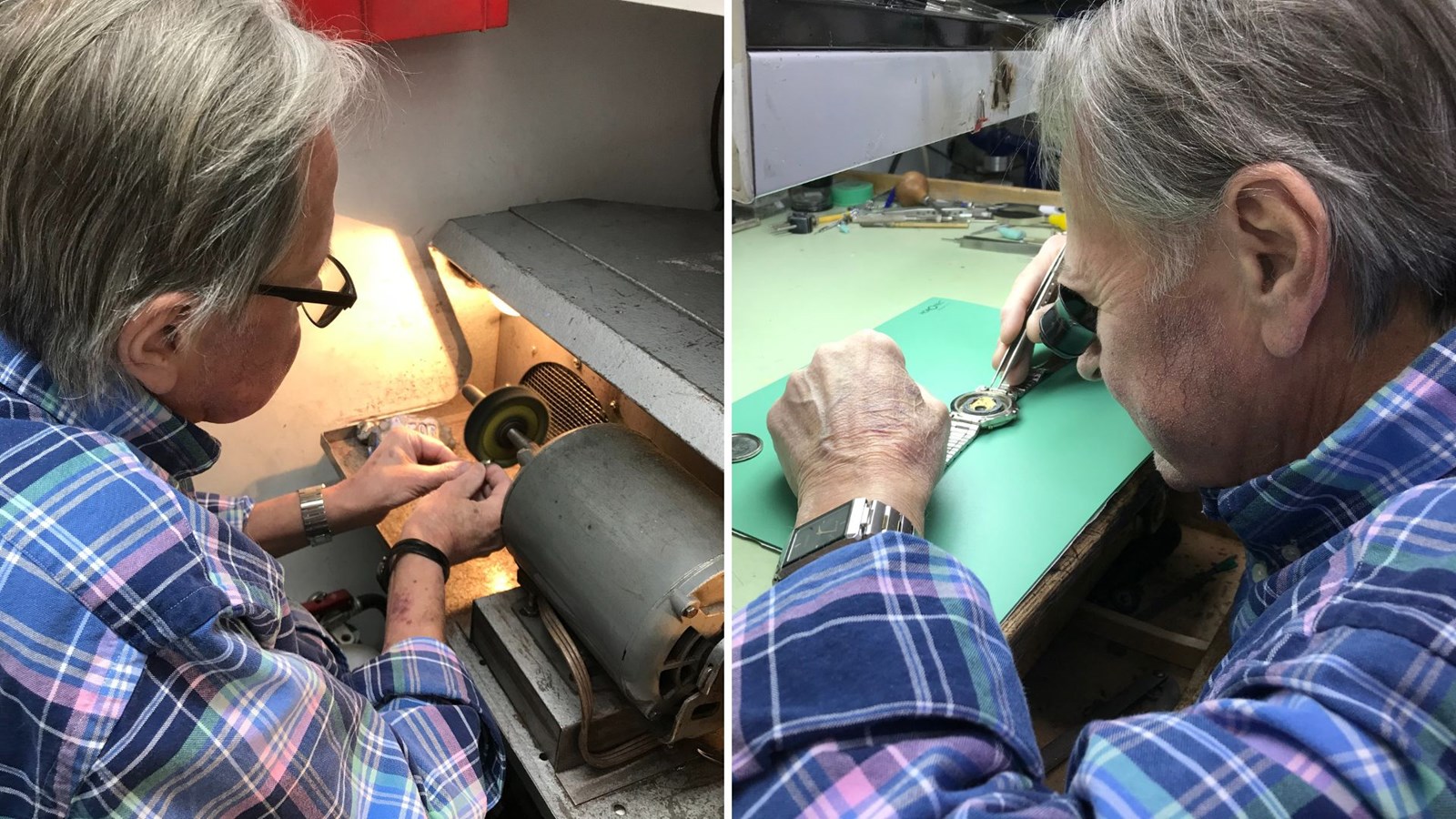 Photo de gauche: Alain Poulin qui polie un bijou, avant de le remettre à un client. Photo de droite: réparation conventionnelle d'une montre.