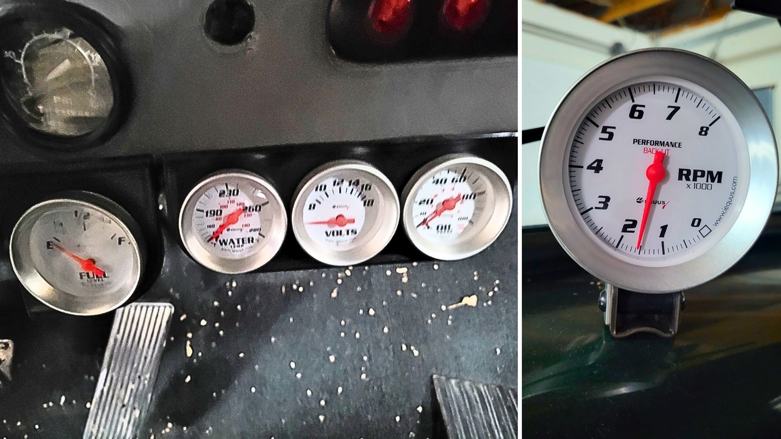 Quelques cadrans à l'intérieur de la Mercury 1953, indiquant le niveau d'essence, le niveau d'huile, le voltage, le RPM, etc.