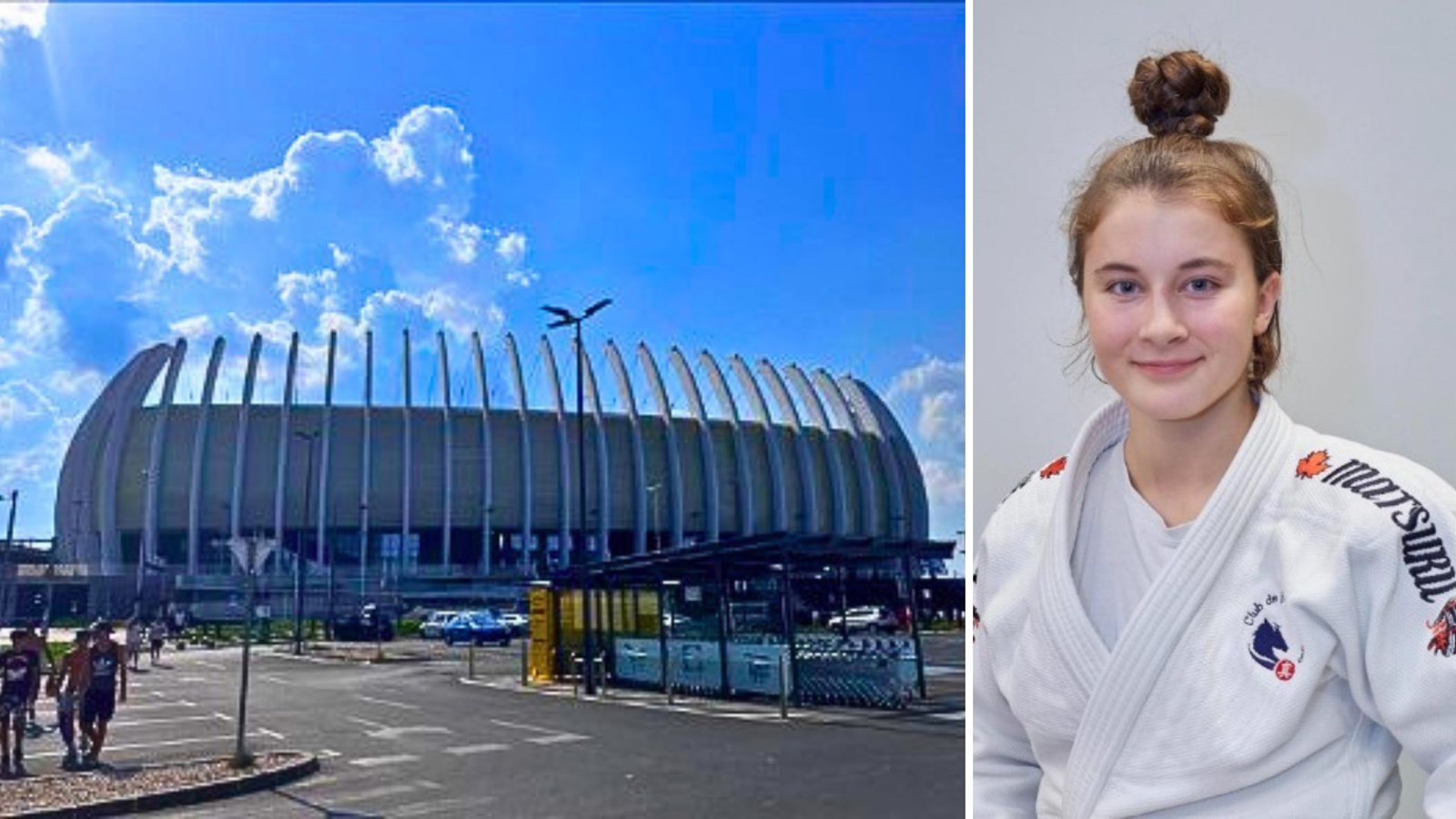 À gauche: Stade de judo où se déroule cette semaine le Championnat du monde cadets de judo chez les moins de 18 ans à Zagreb, en Croatie. Charline Bourque à la droite