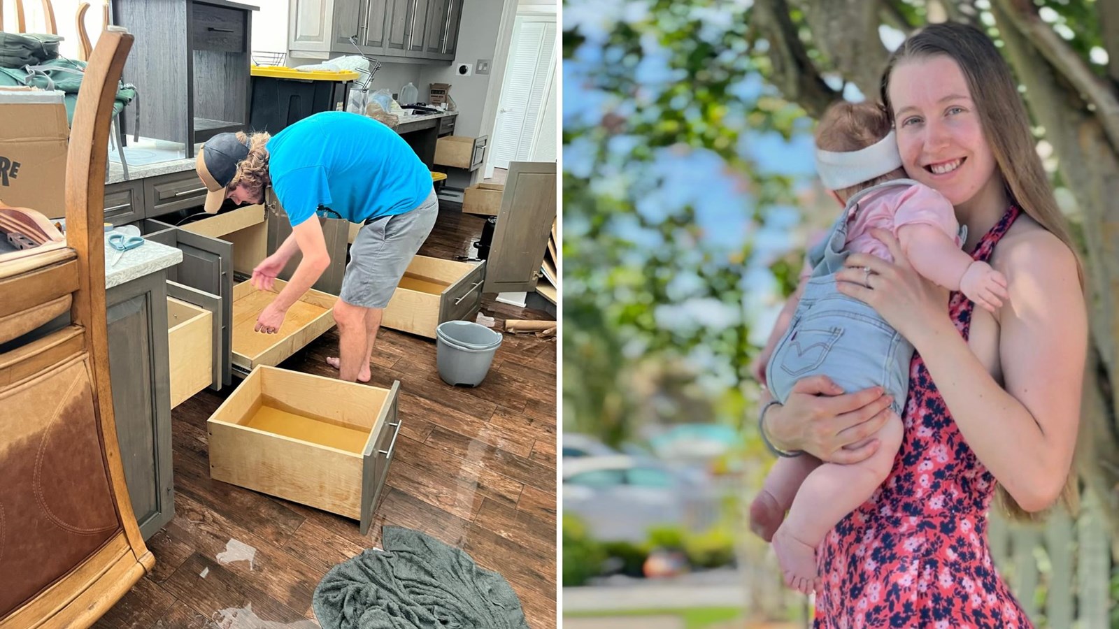 À droite, Éliza Guay-Tanguay Konger, avec son bébé Charlotte; à gauche, son mari Grant, effectuant du nettoyage dans la cuisine de leur résidence inondée par l'ouragan Hélene.