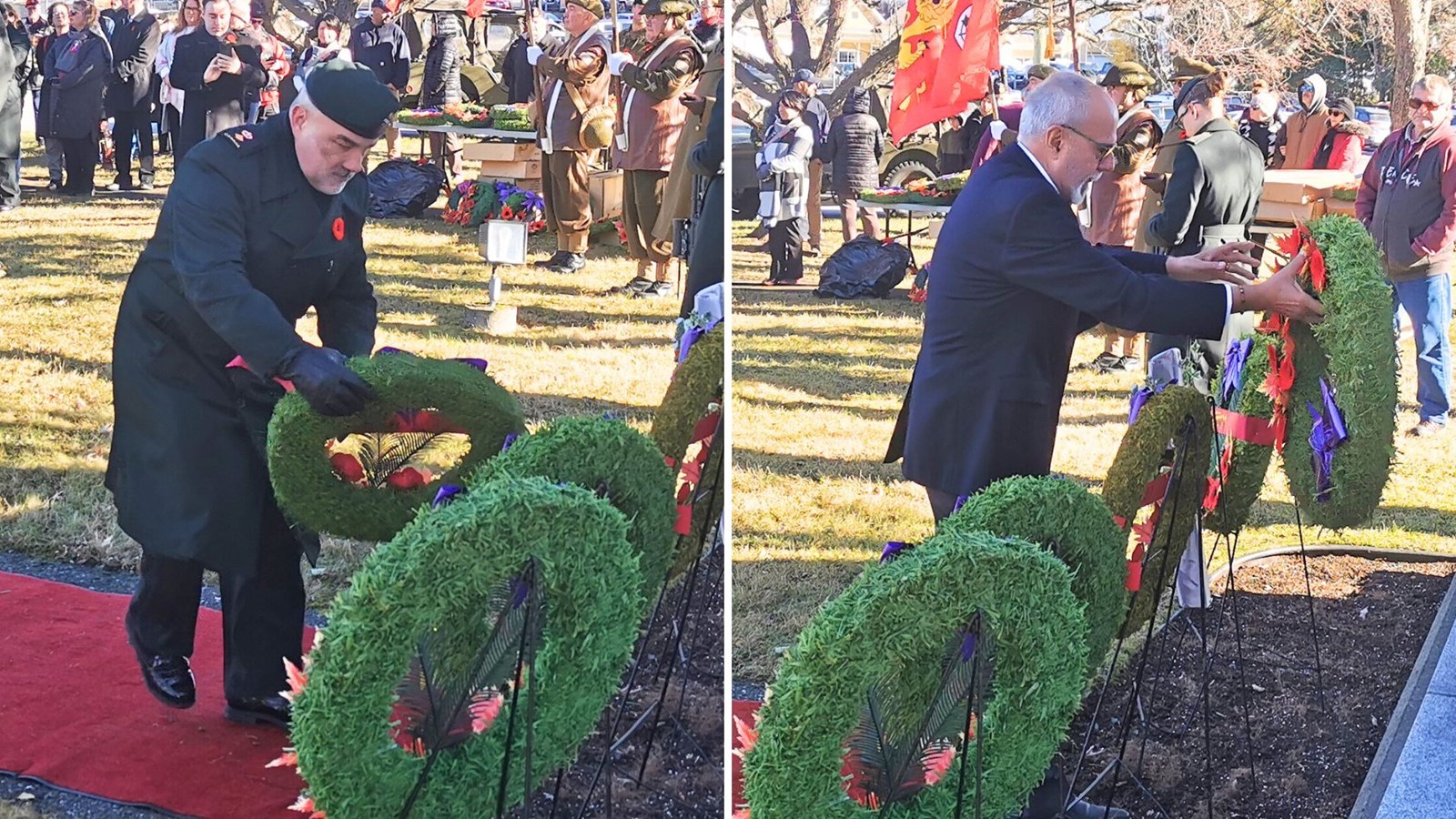 Dépôt d"une couronne par le commandant du Régiment de la Chaudière, le lieutenant-colonel Bruno Gilbert, et le maire de Saint-Georges, Claude Morin.