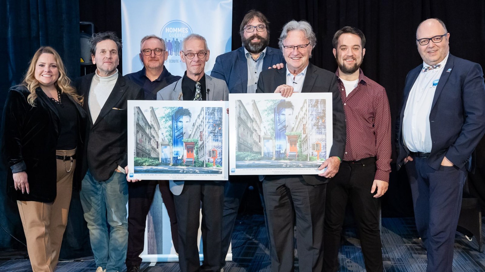 De gauche à droite, Marie-Belle Gendron, députée de Châteauguay, Martin Léon, porte-parole, Alain Vienneau, président du CA d'Hommes Qhébec, Pierre L'Heureux, lauréat catégorie «Personne», Jean-François Bossé, Guy Dubé et Jean-Michaël Dubé-Rousseau, représentants de l'organisme Partage au Masculin, et Vincent Perreault, président d'honneur.
