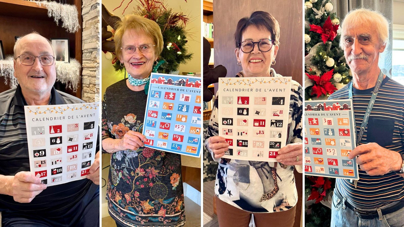 Quatre résidents exhibant fièrement leur calendrier de l'Avent: Claude Gilbert, Adrienne Routhier, Pauline Morin et Marcel Paquet.
