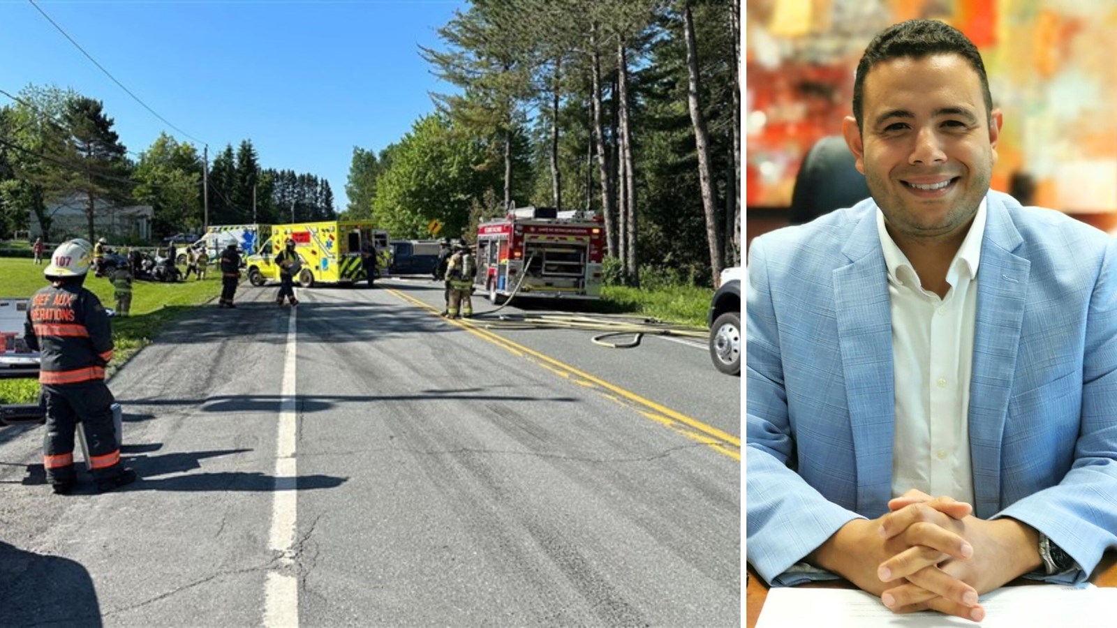 À gauche, accident mortel sur la route 204, survenu en juin 2023; à droite, le député de Beauce-Sud, Samuel Poulin.