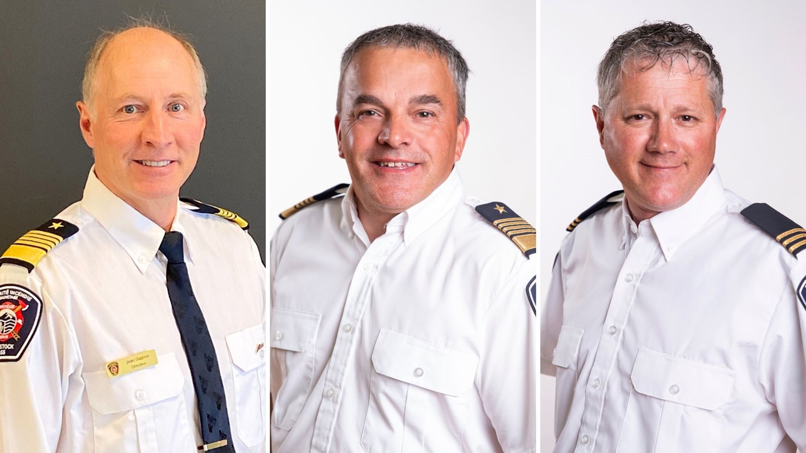 À gauche, Jean Gagnon a été nommé directeur et de chef des pompiers du SSI d'Adstock, pour remplacer Daniel Couture (centre) qui a pris sa retraite de la fonction. Éric Tardif (droite)  devient directeur adjoint.