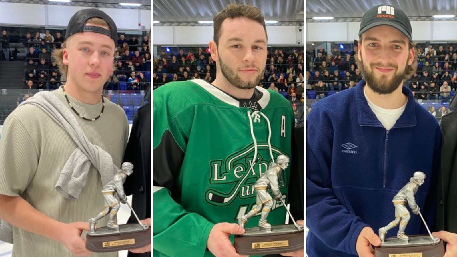 De gauche à droite, Louis Nadeau, meilleur marqueur (Beaucerons de Sainte-Marie), Julien Breton, meilleur défenseur (Expert de Saint-Romuald) et Jordan Lambert, joueur le plus utile (PG de Lotbinière).