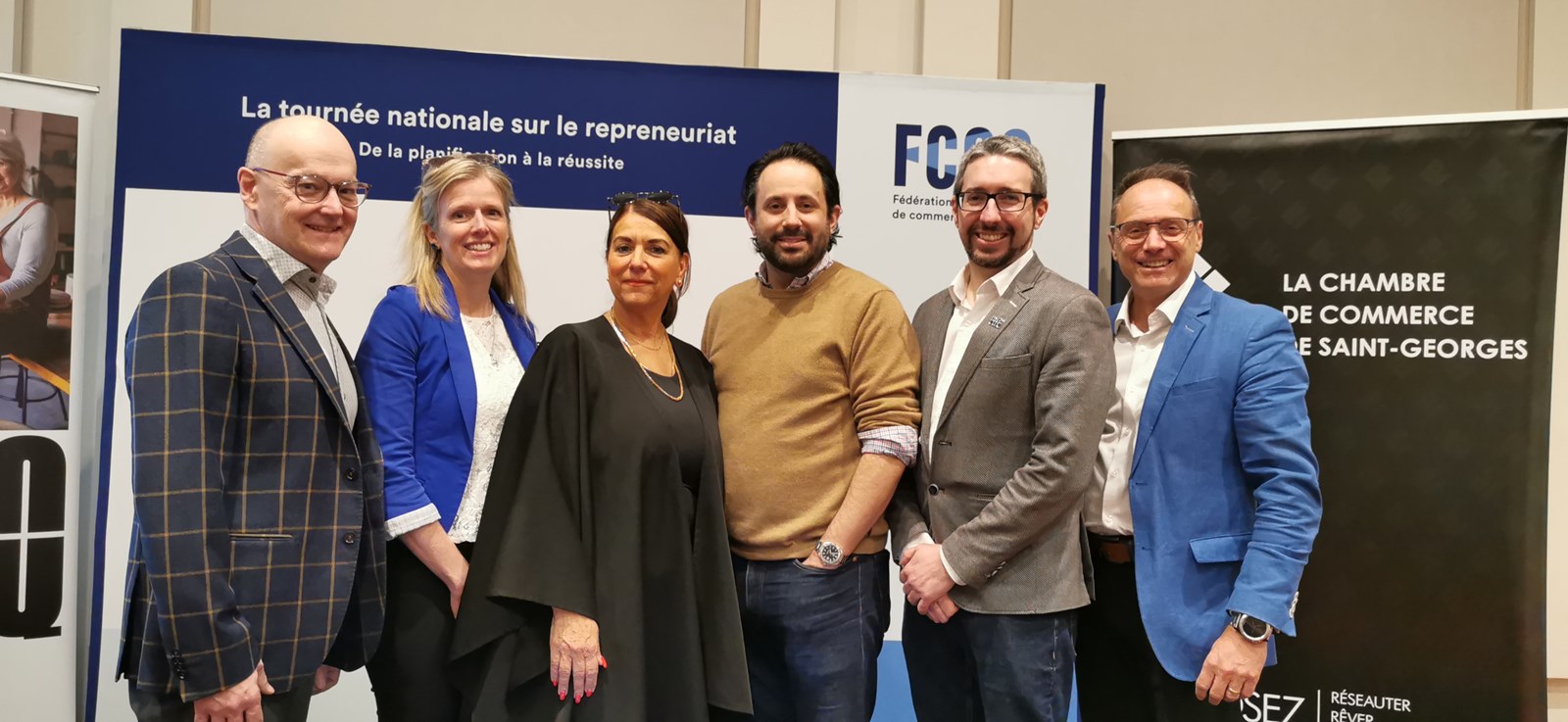 De gauche à droite, Pascal Harvey (Réseau SADC/CAE) Karine Couture et Annie Gilbert (Chambre de commerce de Saint-Georges), Raphaël Voscorian (Morency Avocats), Grégory Brasseur (CTEQ), et Eric Dufour (Raymond Chabot Grant Thornton).