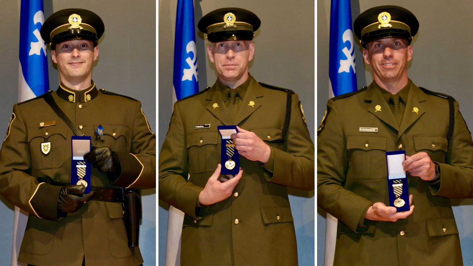 Les policiers Jeffrey Turgeon, Pascal Mathieu et Nicolas Archambault se sont vu décerner une Médaille pour action méritoire pour les gestes héroïques qu'ils ont posés en novembre dernier.