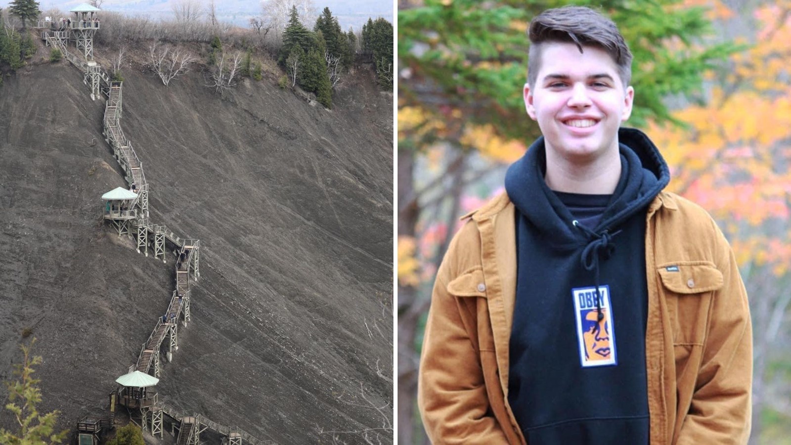 Les escaliers du Parc de la Chute-Montmorency à Québec qui doivent être grimpés 60 fois; à droite, Alexandre Bouffard en 2019.