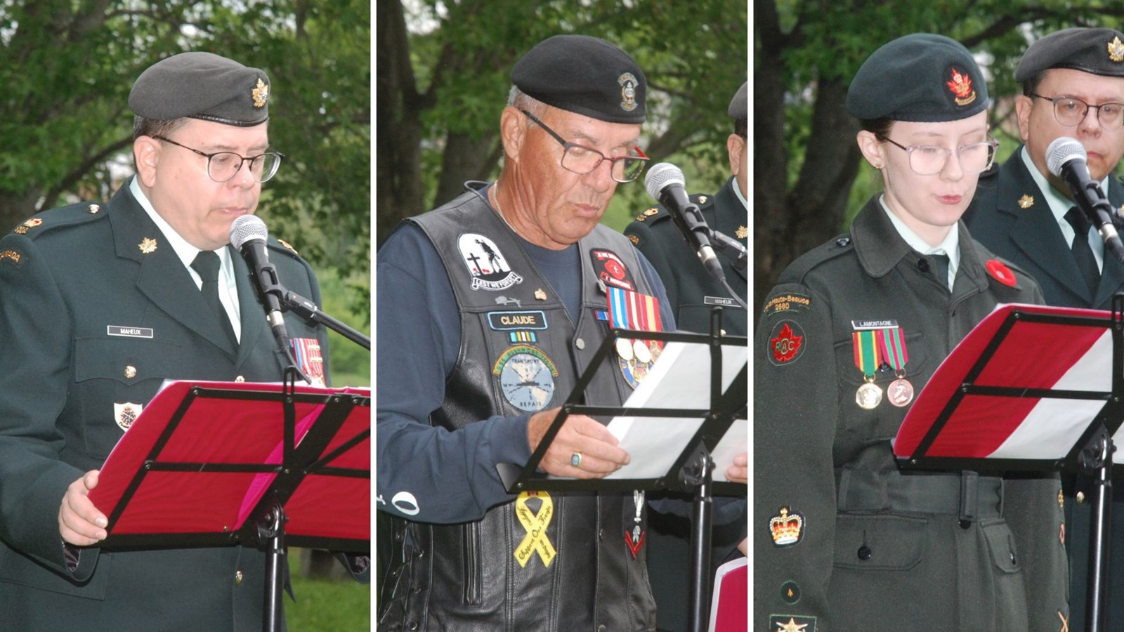 De gauche è droite, le Major Jean-François Maheux, président du comité du cénotaphe, Claude Nadeau, président de la Filiale 201 de la Légion royale de Thetford et la Cadette, Daphnée Lamontagne.