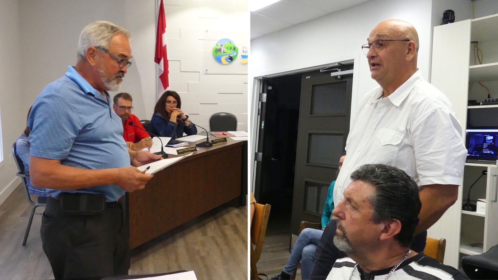 À gauche, le porte-parole Denis Bolduc, lisant la requête de l'Association pour la protection des milieux humides de la Cumberland (APMHC); à droite, le maire de Saint-Simon-les-Mines, André Lapointe, dans la salle avec les citoyens durant la consultation publique sur le projet de règlement 311-224.
