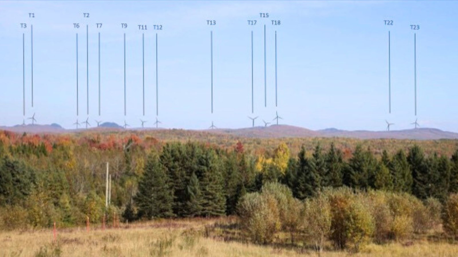 Simulation visuelle du Parc éolien de la Haute-Chaudière - Point de vue des éoliennes à partir du 3e rang au sud de Frontenac.