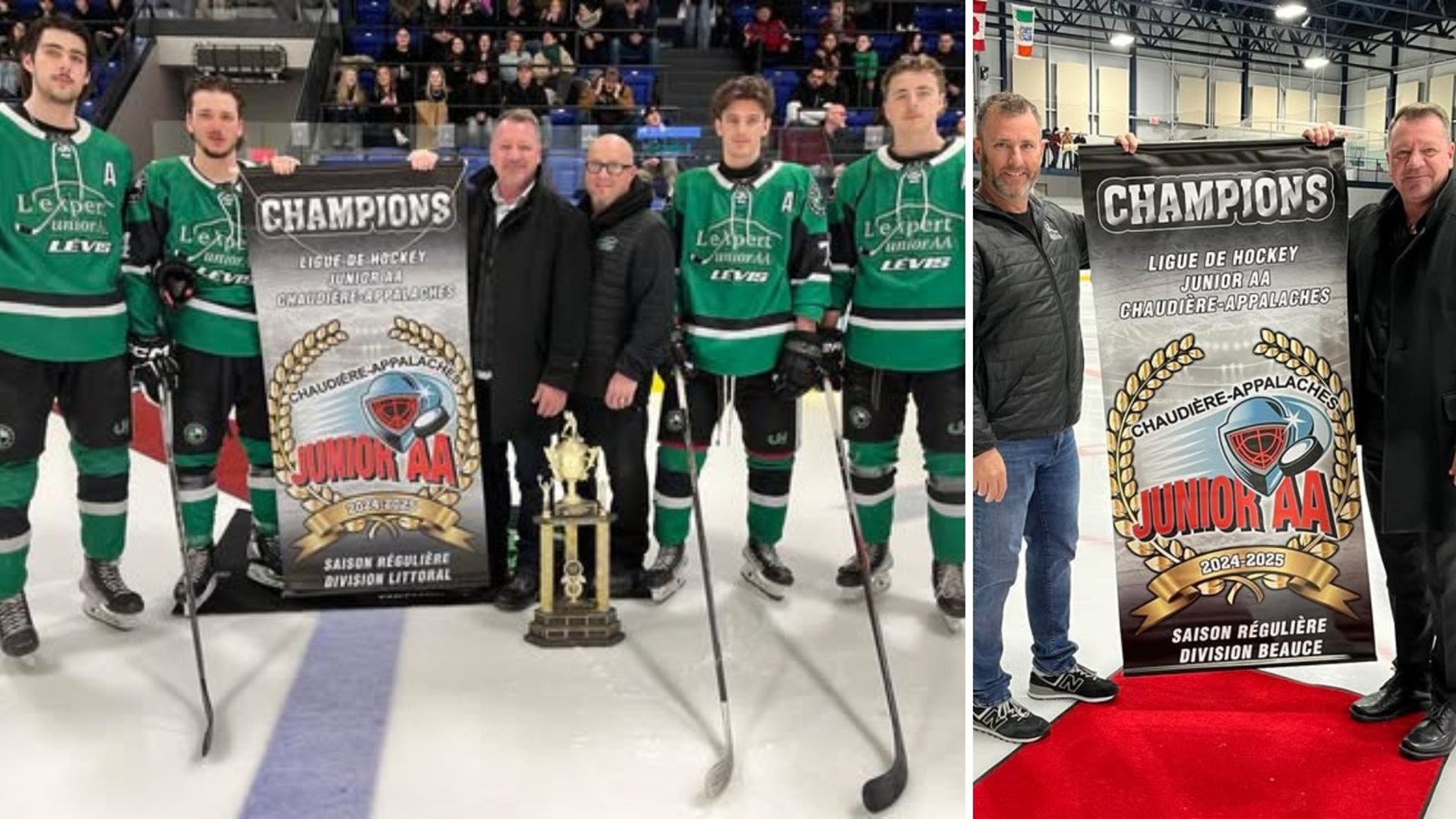 Le président de la Ligue de hockey junior AA Chaudière-Appalaches, François Loubier, a procédé à la remise des bannières et trophées de la saison régulière. À gauche, le champion division Littoral et meilleure équipe de LHJAACA, L'Expert Lévis de Saint-Romuald; à droite, les champions de la division Beauce, soit Les Beaucerons de Sainte-Marie.