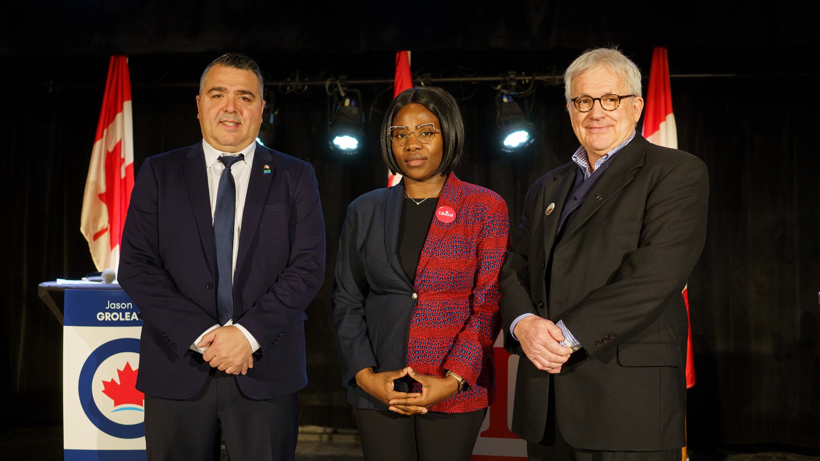 De gauche à droite, le conservateur Jason Groleau, la libérale Maryelle-Henriette Doumbia, et le bloquiste, Gaétan Mathieu.