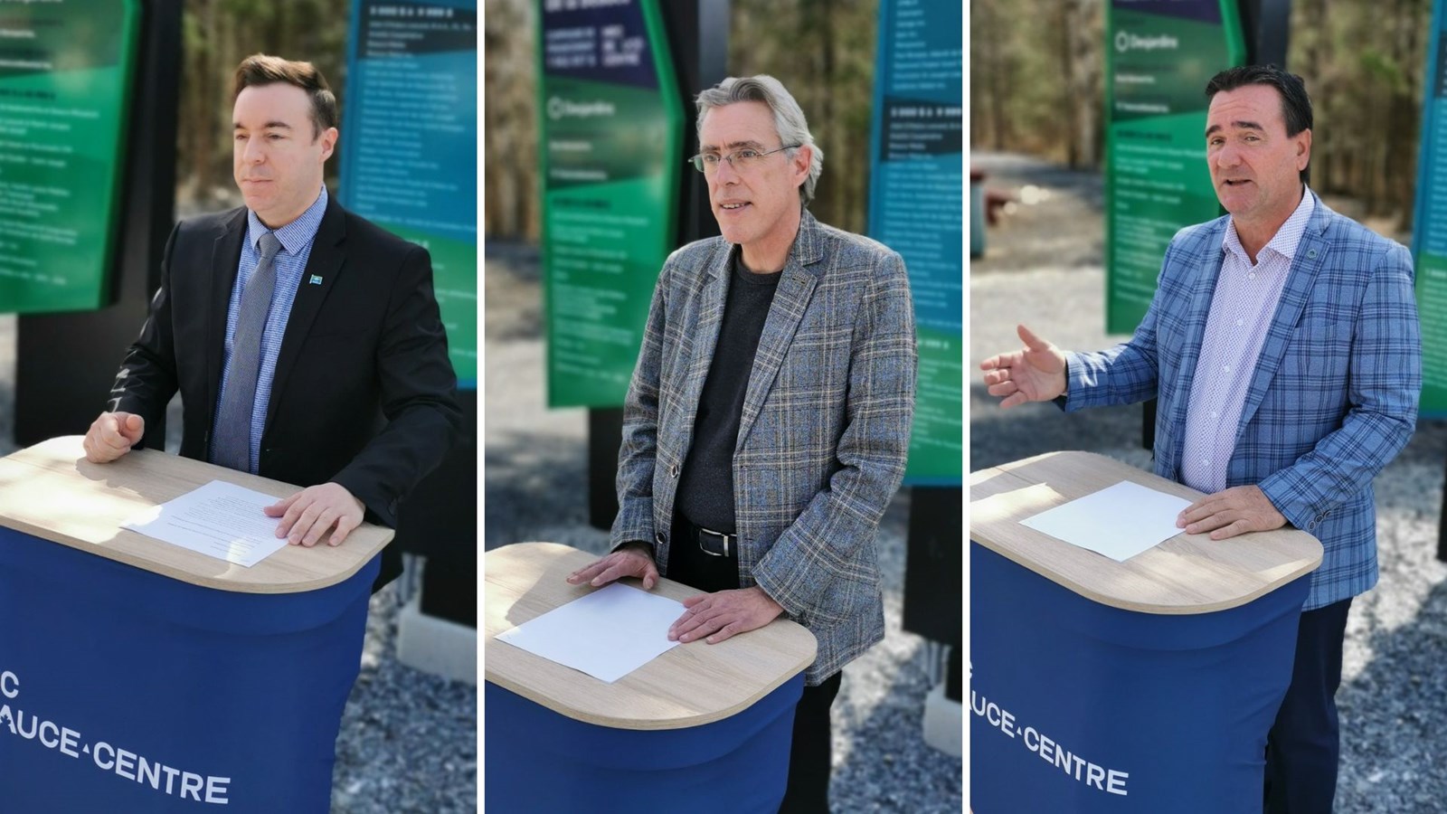 De gauche à droite, Jonathan Bolduc, préfet de la MRC Beauce-Centre, Stéphane Brown, conseiller du député de Beauce-Nord, Luc Provençal, et Donald Paquet, directeur général de la Caisse Desjardins du Sud de la Chaudière.