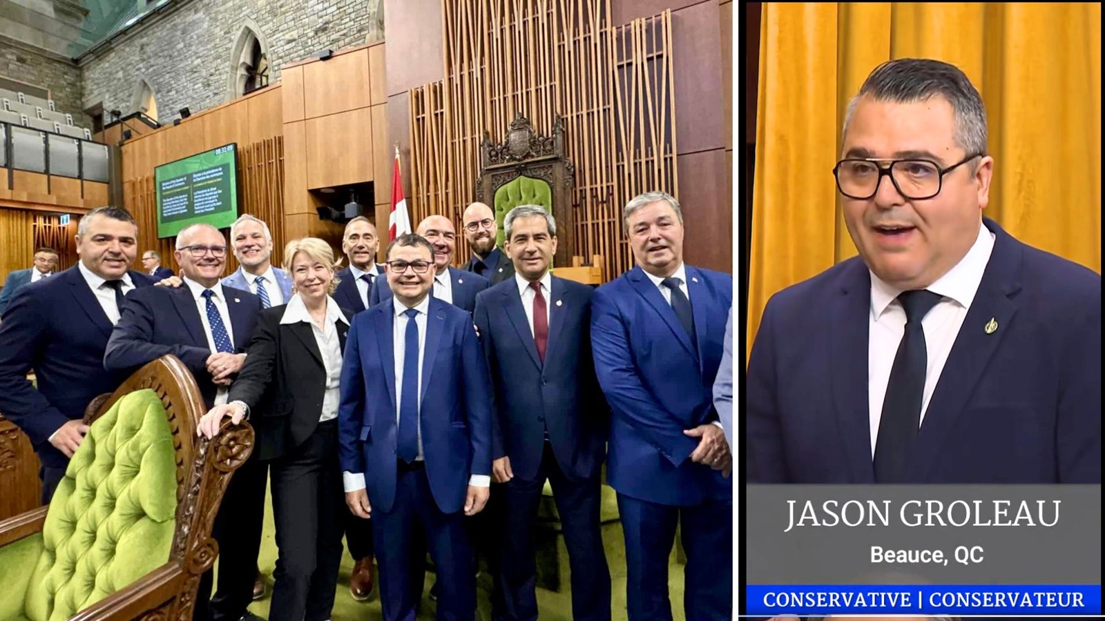 À gauche, en compagnie du caucus québécois conservateur; à droite, sur le plancher de la Chambre des communes, en train de poser sa toute première question.