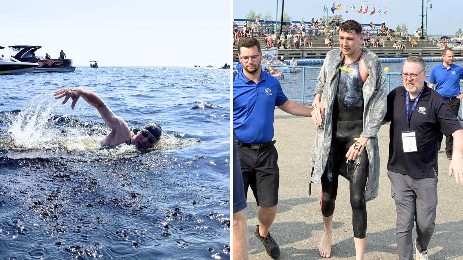 Thomas Bilodeau dans les eaux froides du lac Saint-Jean; Philippe Lacasse à son arrivée à Roberval.