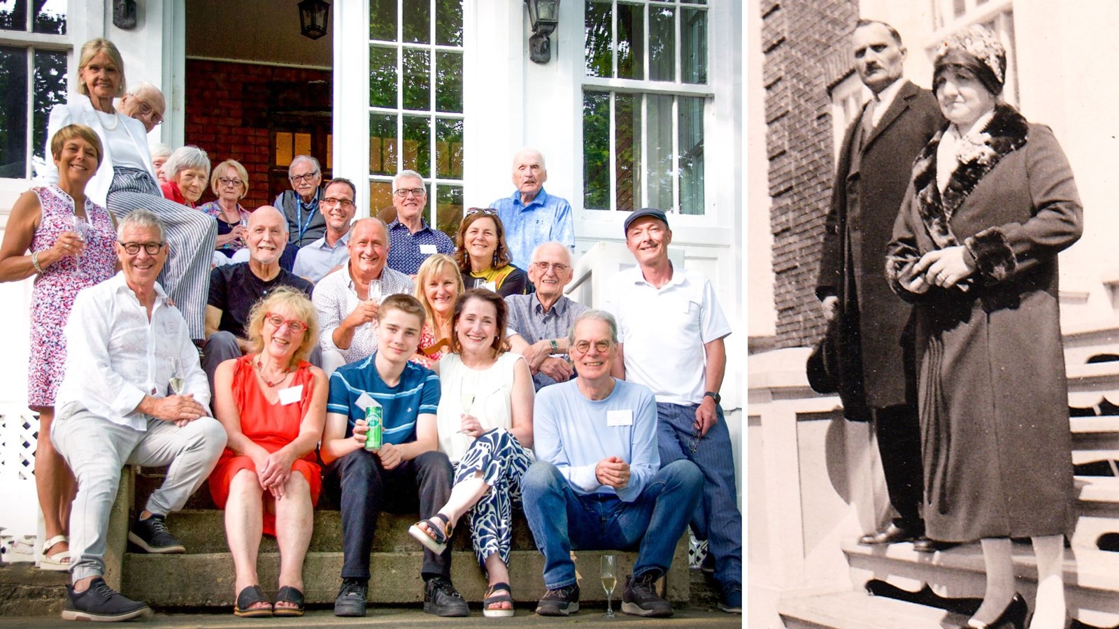 À gauche, quelques uns des descendants de Béloni Poulin, lors d'un rassemblement le 19 juillet à Saint-Georges; à droite, l'homme d'affaires en compagnie de son épouse Emma, circa 1940.