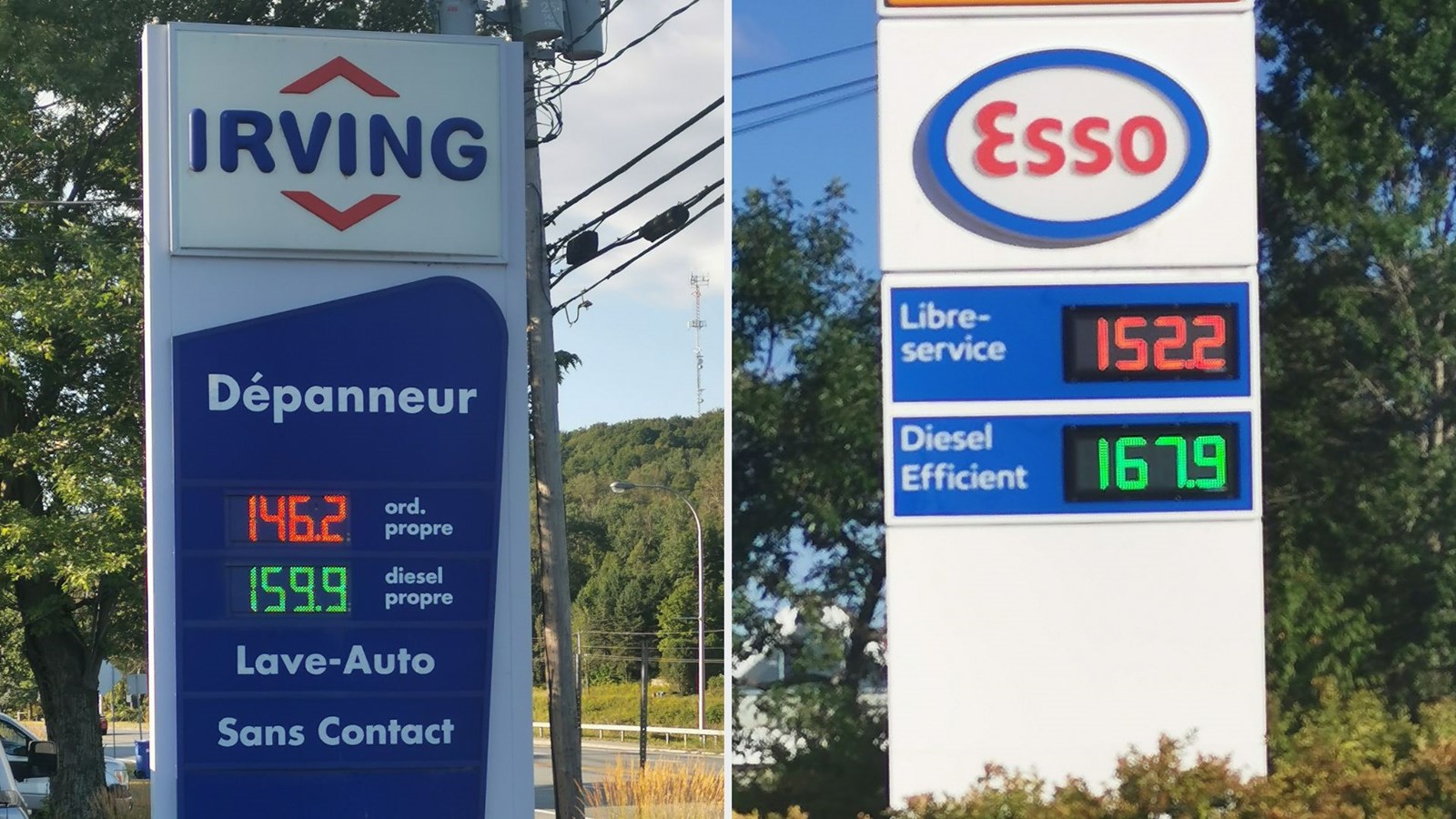 Le prix du litre d'essence ordinaire ce matin à Beauceville (à gauche) et à Saint-Georges.