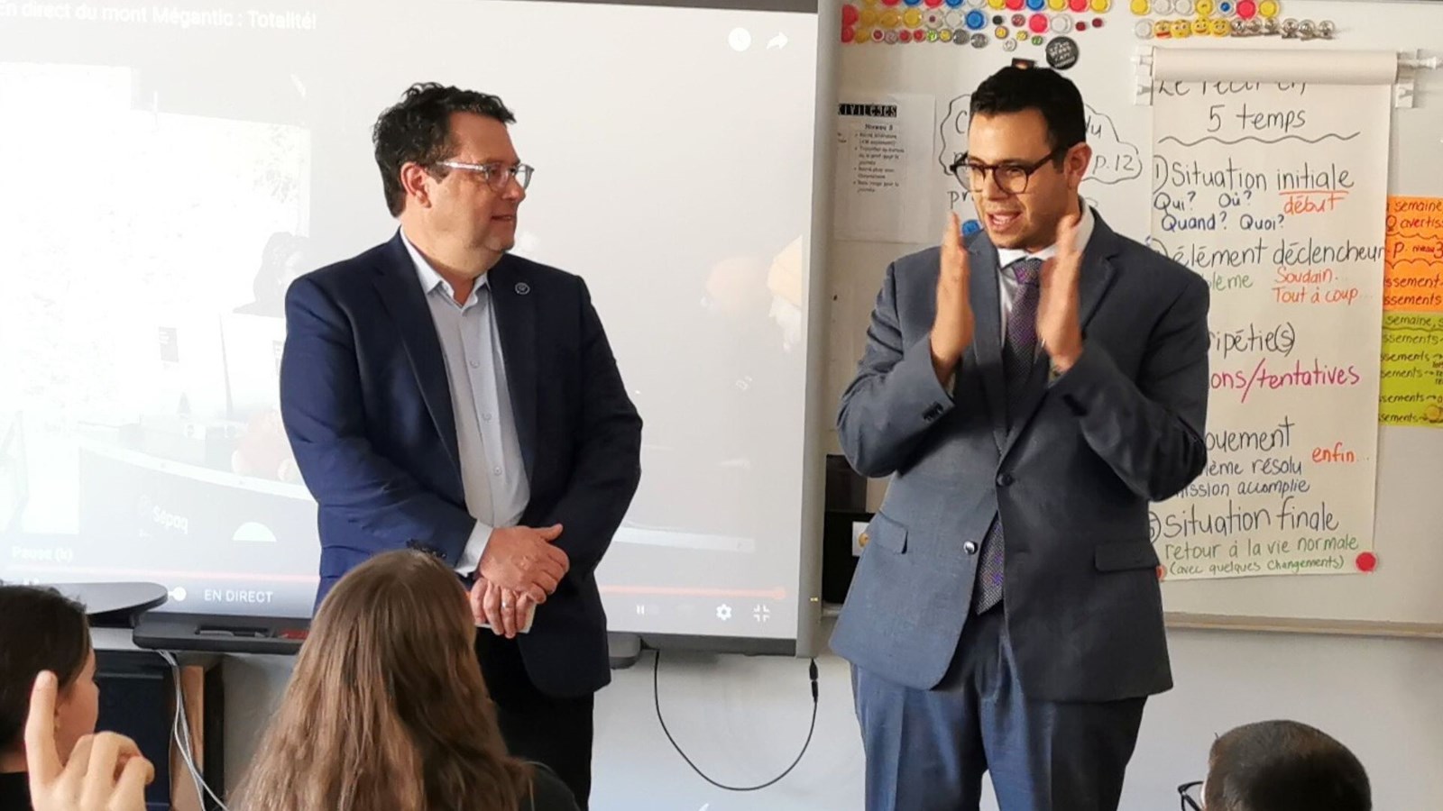 Samuel Poulin, en compagnie de Bernard Drainville, lors du passage de ce dernier en Beauce le 8 avril 2024.