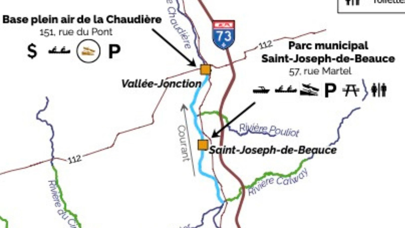 Le tracé de la route propose deux parcours nautiques, l’un vers Beauceville et l’autre vers Vallée-Jonction.