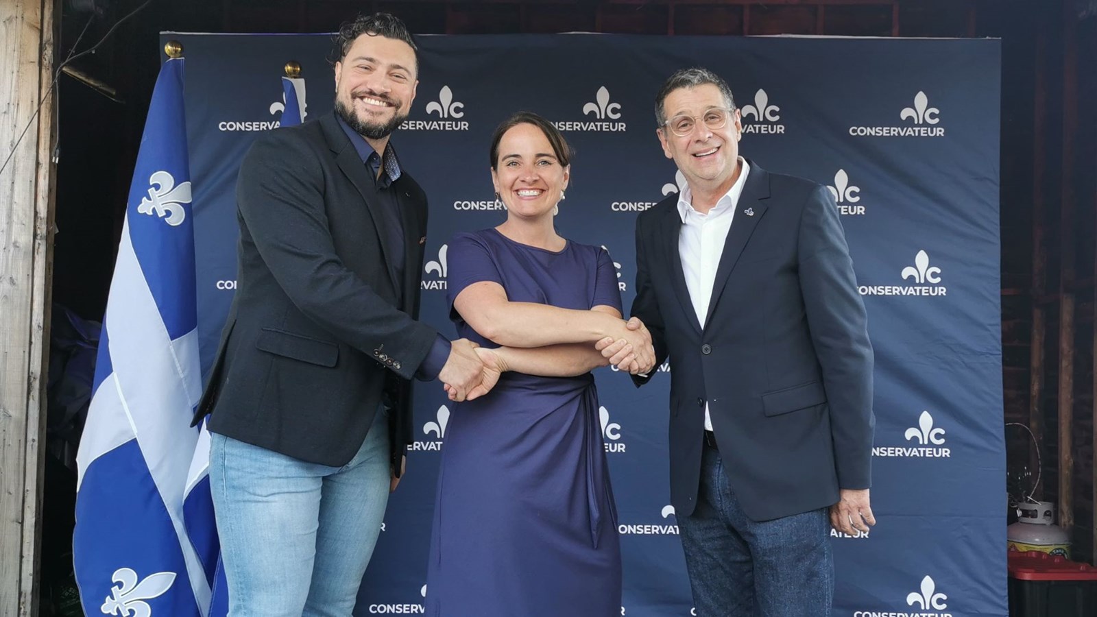 Patricia Drouin, en compagnie des candidats voisins, Jonathan Poulin (Beauce-Sud) et le chef du PCQ, Éric Duhaime, qui veut se faire élire dans Bellechasse.