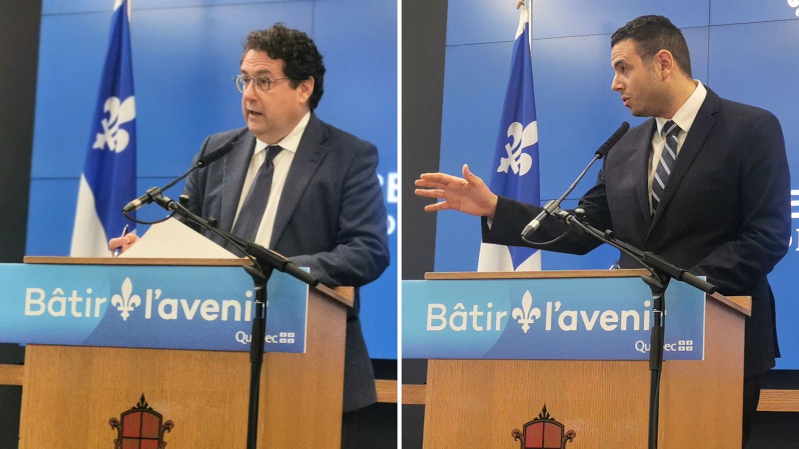 Le ministre de l’Économie, de l’Innovation et de l’Énergie et ministre responsable de la Stratégie maritime, Bernard Drainville, ainsi que le député de Beauce-Sud et ministre des Affaires municipales, Samuel Poulin,.